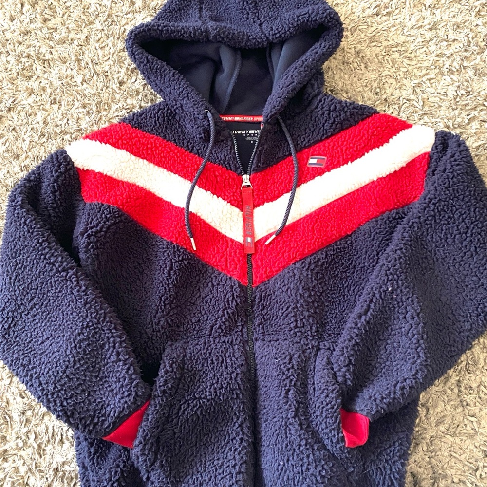 Tommy Hilfiger Jacket Women’s Hooded Fleece Fur full Zip Dark Blue Large